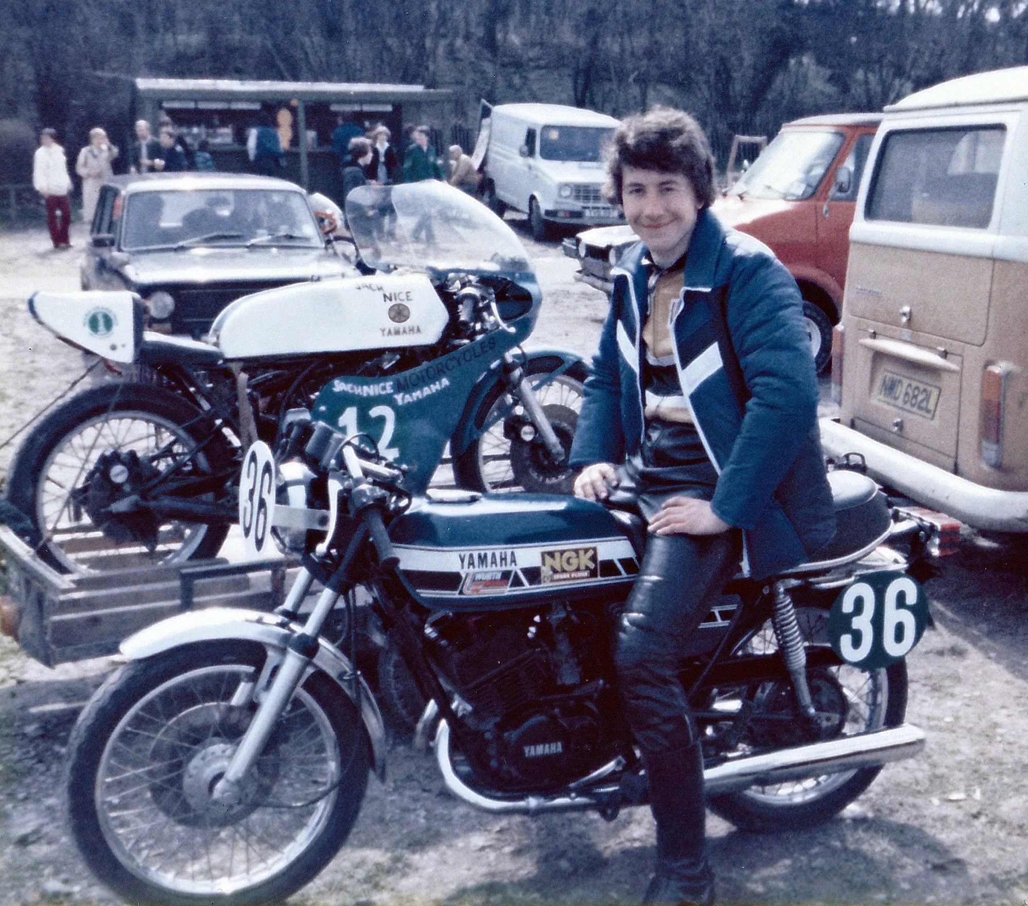 David Rose on a Yamaha RD250 Production Class racing motorcycle, in the paddock at the Lydden Hill circuit in Kent. It is dated June 1979.